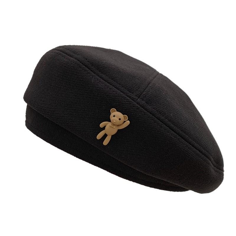 Wool Cozy Brown Beret Artist Hat For Winter Women Men With Cute Bear Design