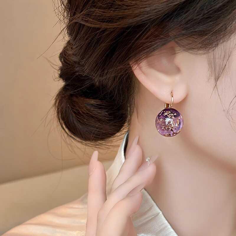 Purple Zircon Alloy Earrings With Ceramic Post Semi-Transparent Design Minimalist Chic Drop Women
