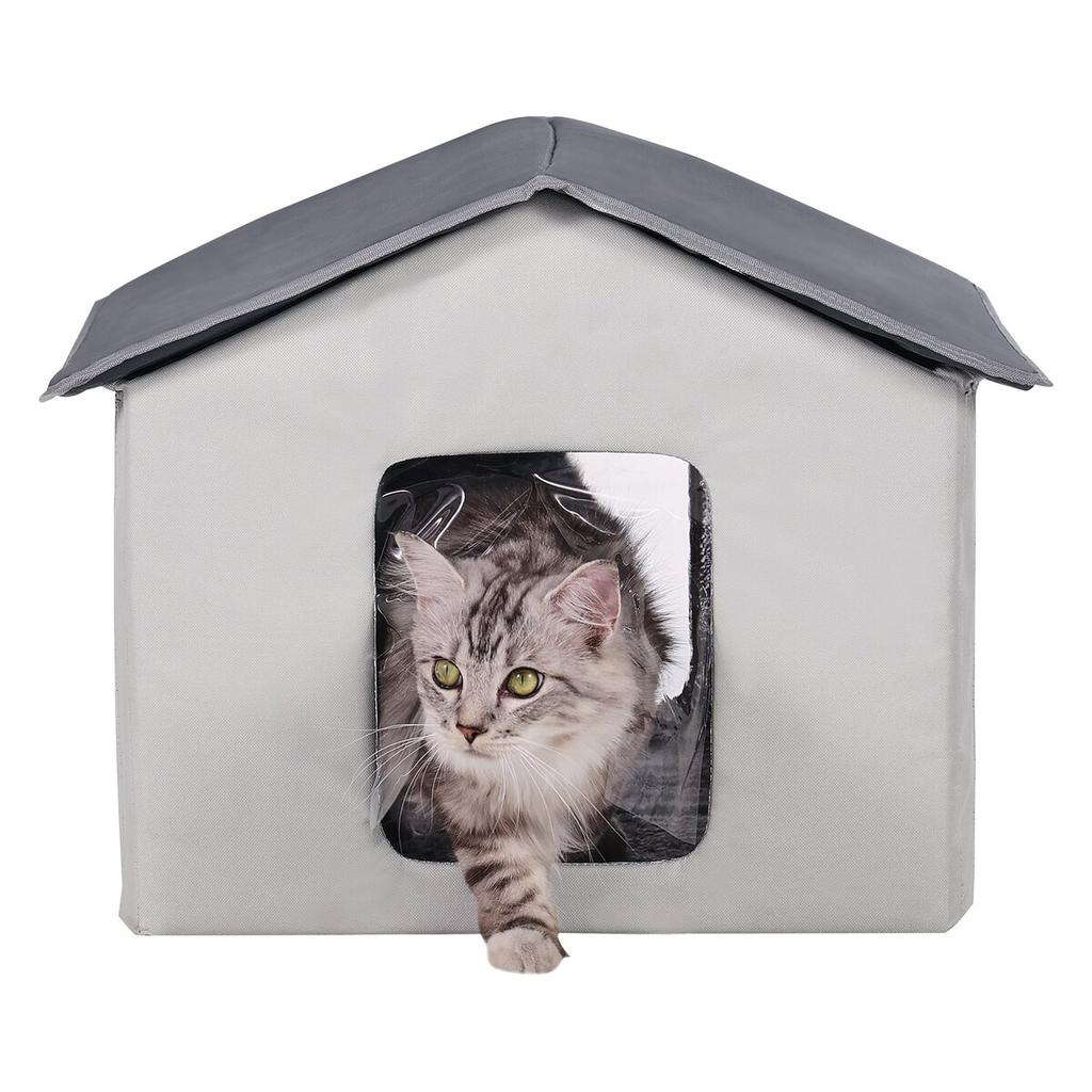 Heated Cat House Foldable Kitty Shelter with Heated Pad Gray Middle