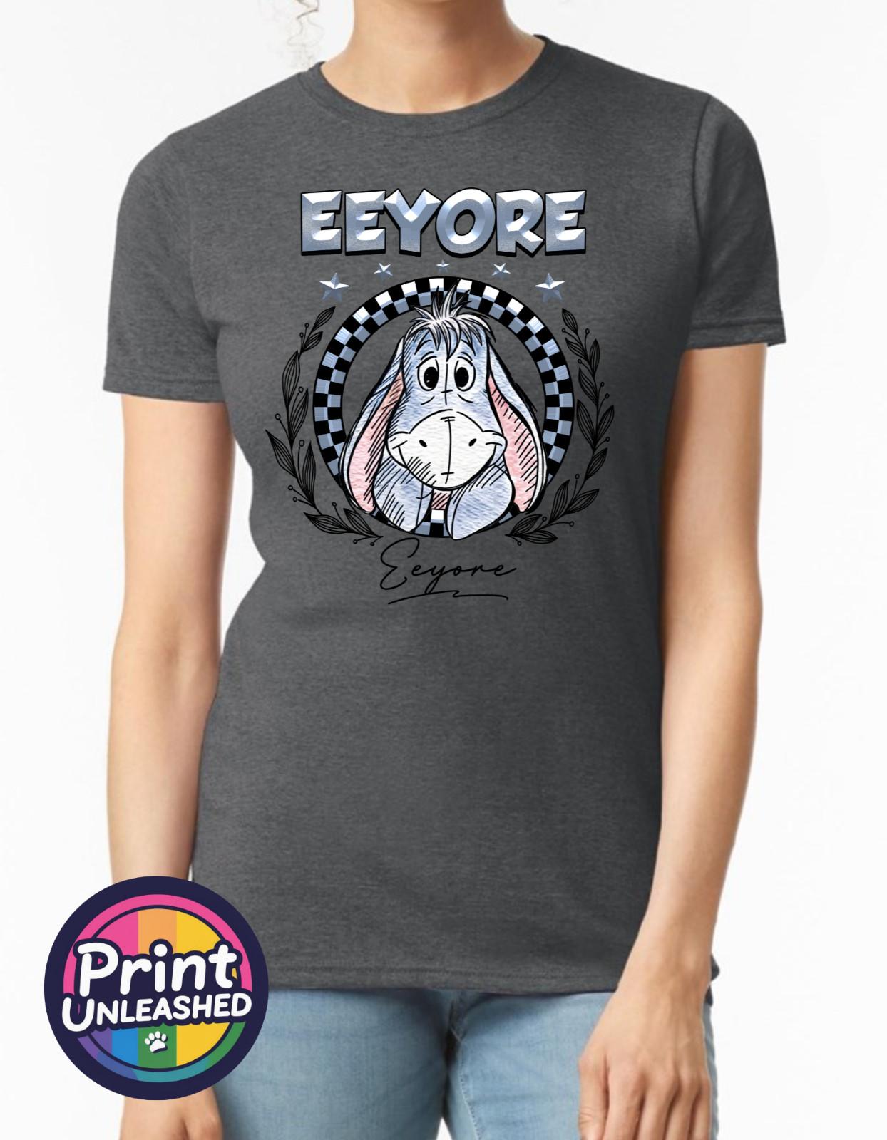 Round Chequered Eeyore Printed Gildan T-Shirt Ladies S-2XL UK 6-18 Birthday Gift S
