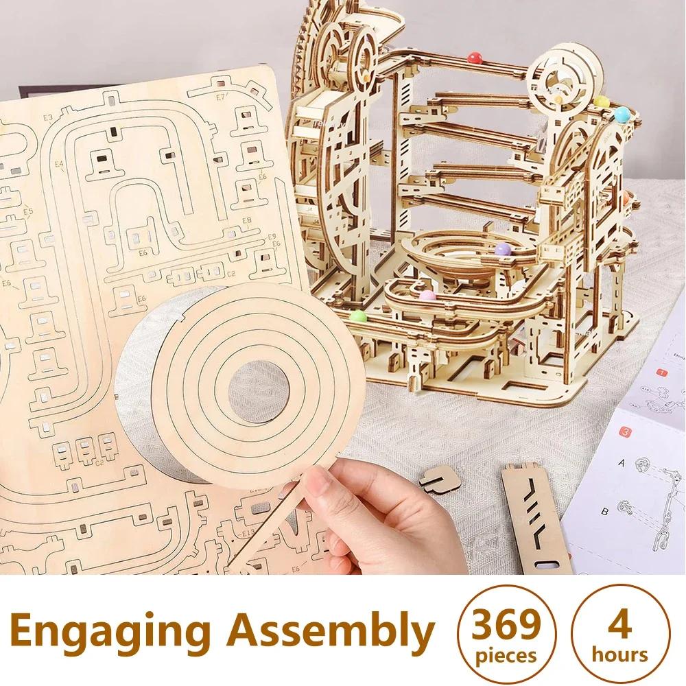 3D Wooden Puzzle Marble Run Set DIY Assemble Building Model Kits STEAM Educational Toys for Kids Adult Gifts, 3 Types