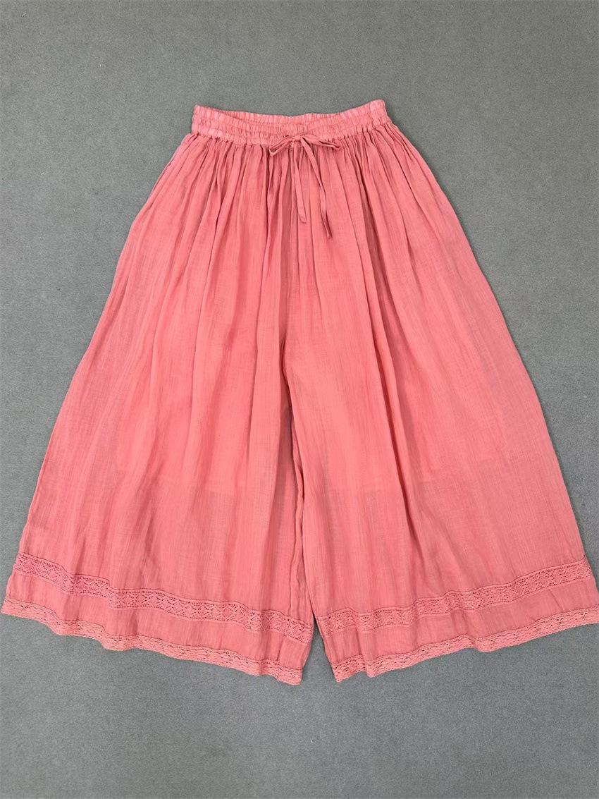 

Johnature Patchwork Lace Pants Women Summer Lace-up Elastic Waist High-waisted Cropped Pants One Size арбуз красный