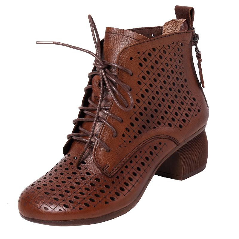 GKTINOO 2025 Summer Ankle Boots Genuine Leather Shoes Women Med High Heel Back Zipper Boots Cutout Breathable Mujer Zapatos