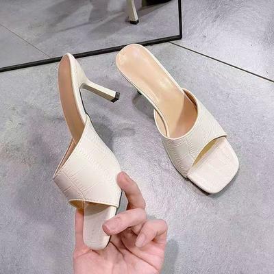 Fashion Versatile Internet Celebrity Model 2025 Summer New Square Head Fish Mouth High Heel Fine Heel Large Size Open Toe Cool Slippers Women