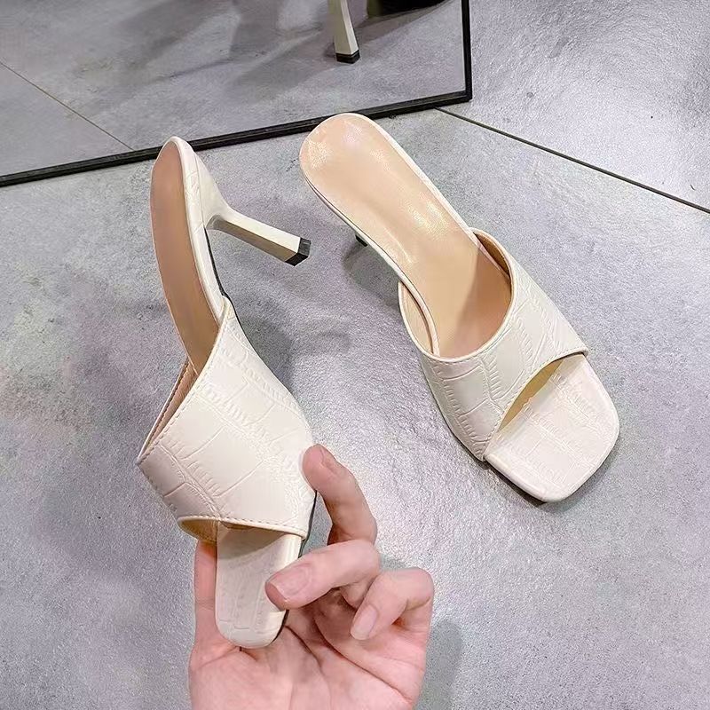 Soft Leather High-heeled Slippers for Women's 2025 New Models, Fashionable Foreign-style Sandals, Versatile Waterproof Table, Fine Heel, One-word Mop