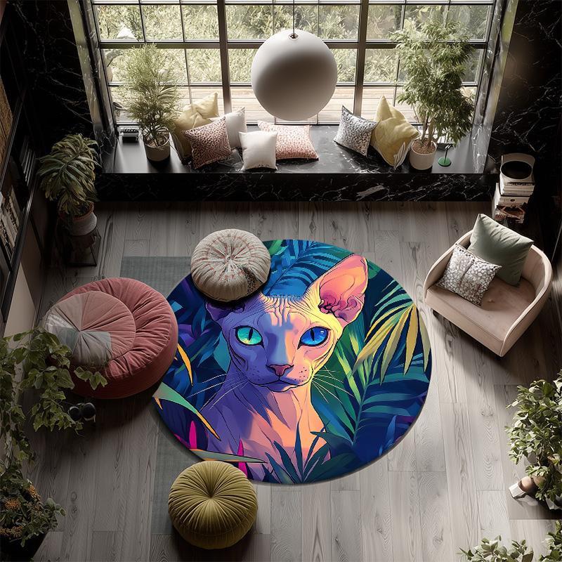 Sphynx Cat In Grass,Round Area Rug,Carpet Rug for Living Room Bedroom Sofa Playroom Decor,Non-slip Floor Mat