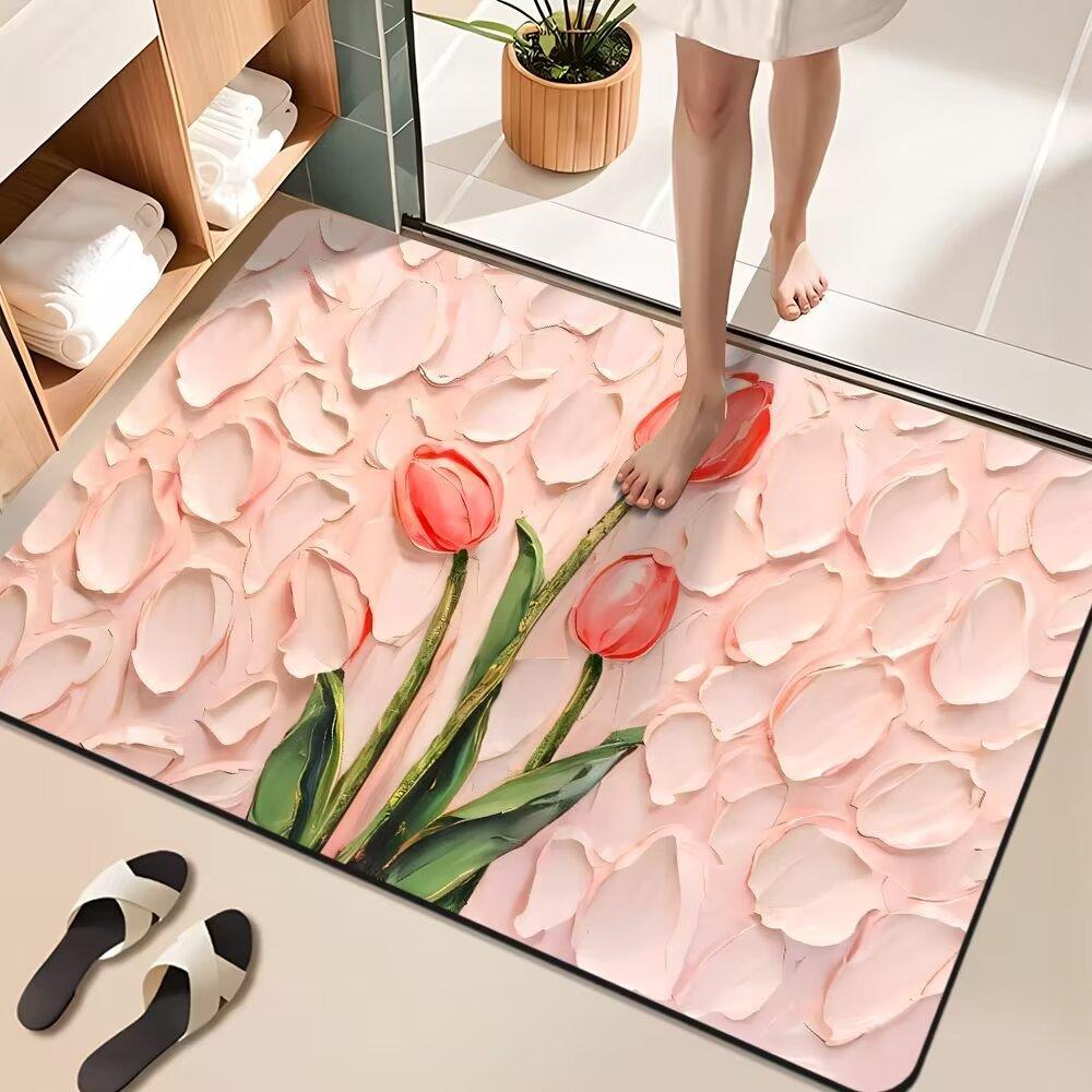 Diatom Mud Floor Mat Oil Painting Flowers Bathroom Floor Mat Water Absorption and Dirt Resistance Bathroom Anti Slip Foot Mat