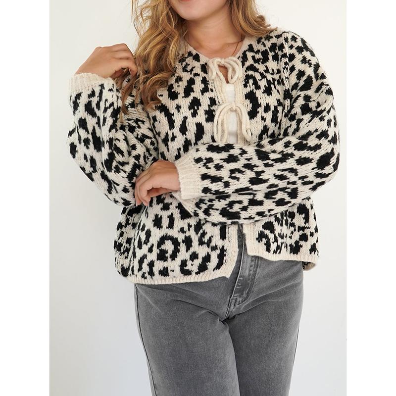 New In Leopard Print Round Neck Lace-up Knitted Cardigan Women Autumn Winter Trendy Streetwear Sweater Coats