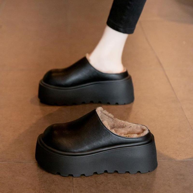 

Пушистые тапочки на толстой подошве для женщин, новые тапочки-полусапожки с закрытым носком для женщин, маленькая высота, увеличивающая флисовый хлопковый моп 40 чёрный