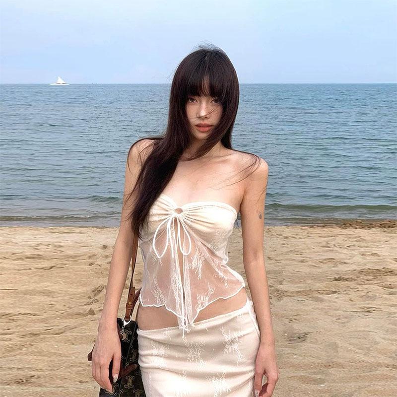 Island Chic: Sexy Lace Bandeau Swimsuit & Split Long Dress for Women