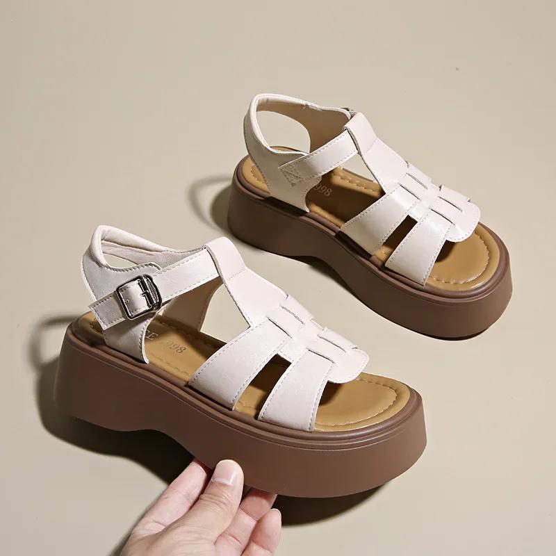 Korean Style Thick Heel Roman Sandals Women Summer New Soft Leather Woven Slip-On Beach Shoes Fashionable One-Strap