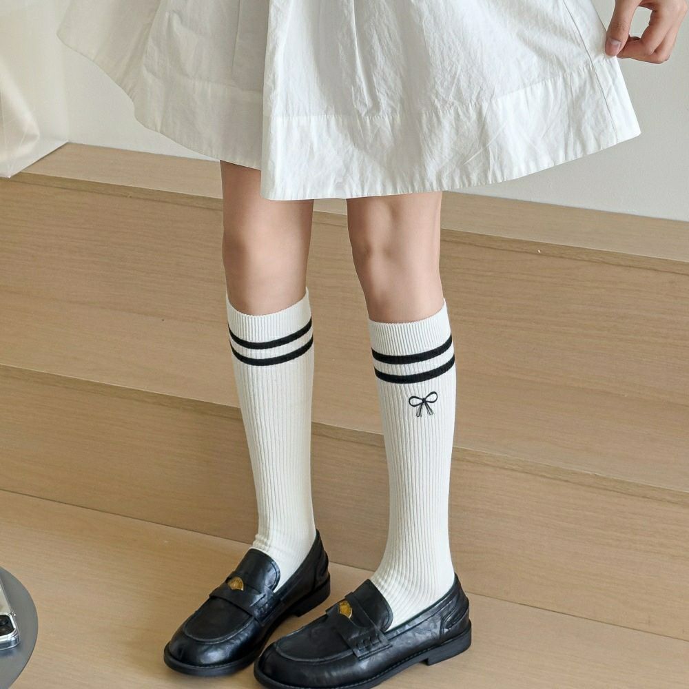 JK Academy Bowknot Calf Socks | Micro-Compression Slimming Double-Stripe Embroidery Ladies' Knee-High Slouch Socks - Simple Style