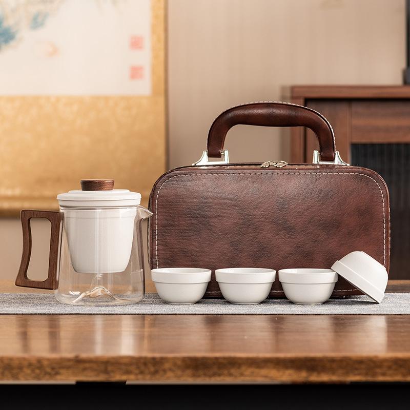 Light Luxury Glass Travel Tea Set, One Pot of Four Cups, High-end Portable Bag, Ceramic Liner Filter, Business Gift Souvenir