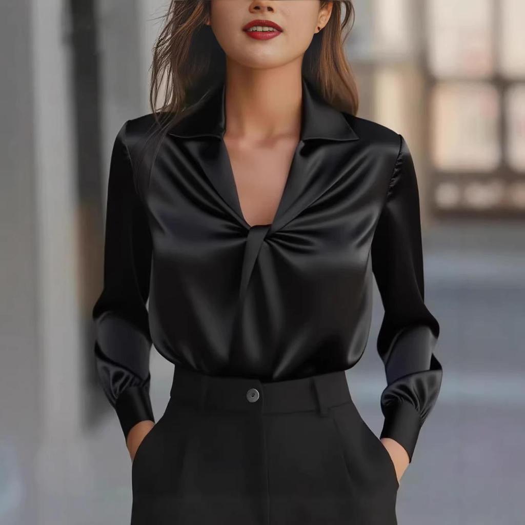 Autumn Fashion Solid Color Satin Pleated Long Sleeve Shirt for Women