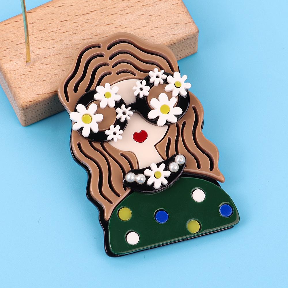 

New Cute Flower Sunglasses Girl Figure Acrylic Brooches for Women Handmade Badge Lapel Pins Jewelry Clothes Accessories Gift зелений