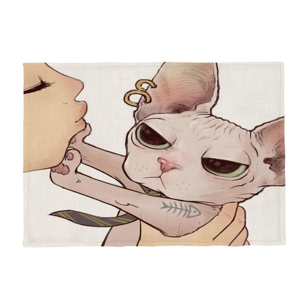 Kočičí lněná podložka na stůl Roztomilý odmítá políbit Prostírání s kresleným vzorem Dekorace na kuchyňský stůl Mat