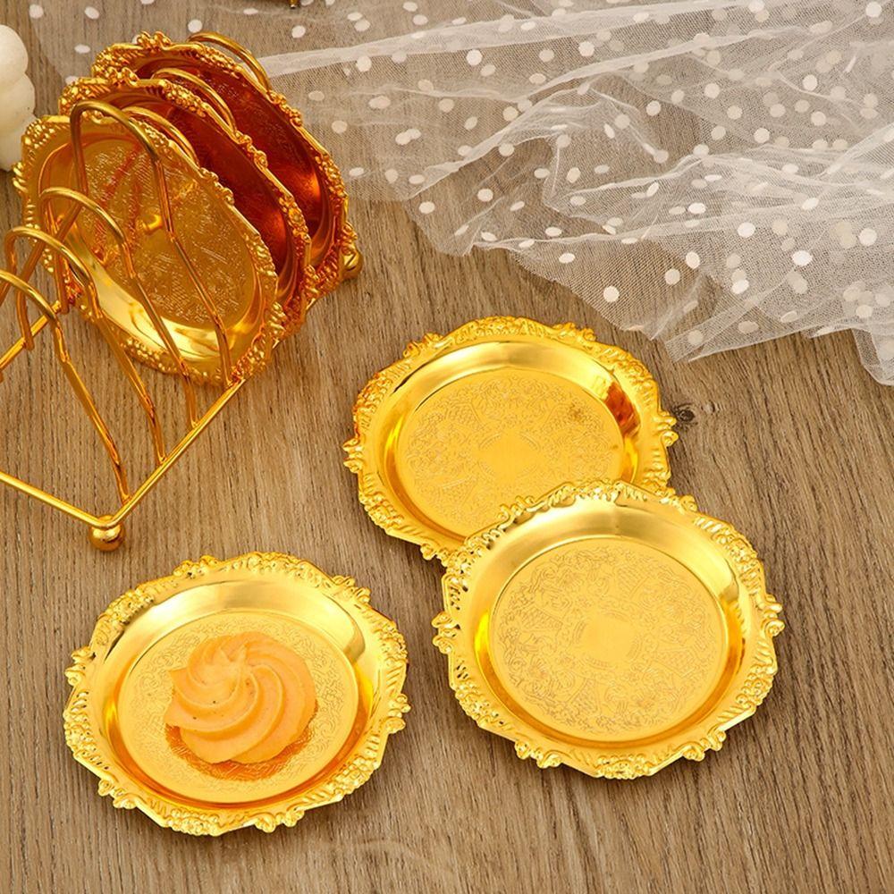 7 Pcs/set Zinc Zinc Zinc Alloy European Decor Racks Carved Metal Cake Tray Patterned Cup Mat  Fruit Tray