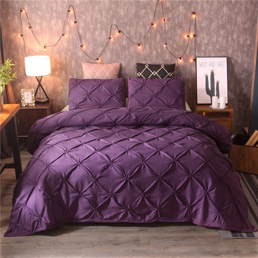 Feelyou Raffung Bettbezug Set King Size Lila Pinch Pleat Bettbezug Tuft-Design Bettwäsche Set Reißverschluss Weiches Polyester Bettdeckenbezug mit