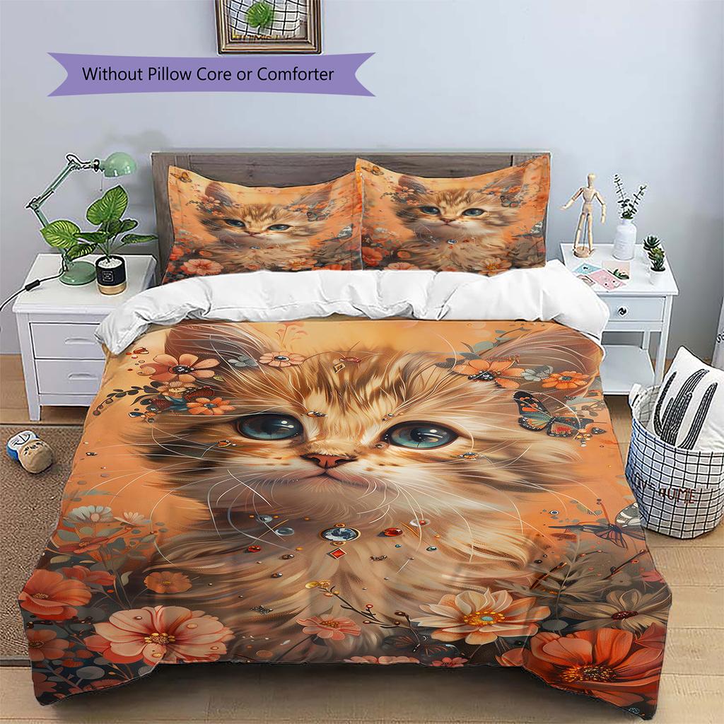Orange Cat Pattern Bedding Quilt Set Quilt Cover Pillowcase Home Decoration Gift (1 * Duvet Cover + 2 * Pillowcase, Without Core)