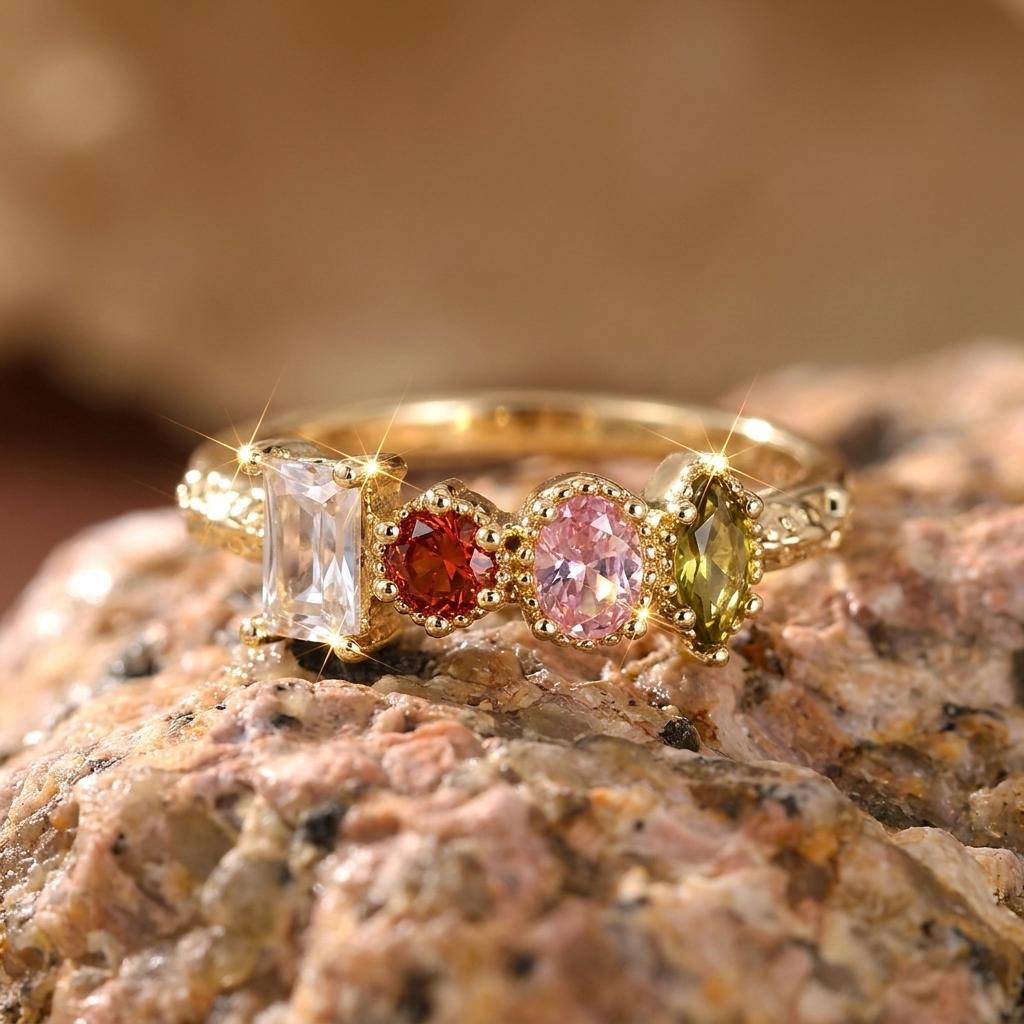 Minimalist Geometric Multicolor Cubic Zirconia Copper Ring for Women Modern Rainbow Stackable Statement Finger Jewelry
