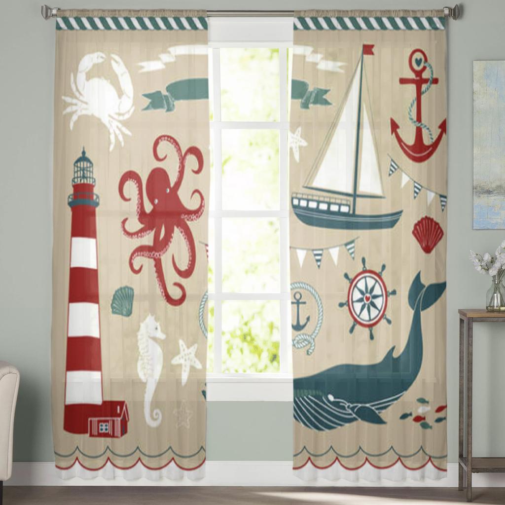Octopus Lighthouse Anchor Whale Sailboat Crab Sheer Curtains for Living Room Tulle Window Curtain Bedroom Kitchen Veil Drapes