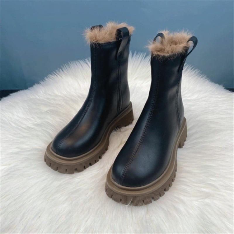 

Winter New Plush Cotton Boots2026 Fashion Round Toe Zip Platform Non-Slip Block Heel Booties 35 хаки