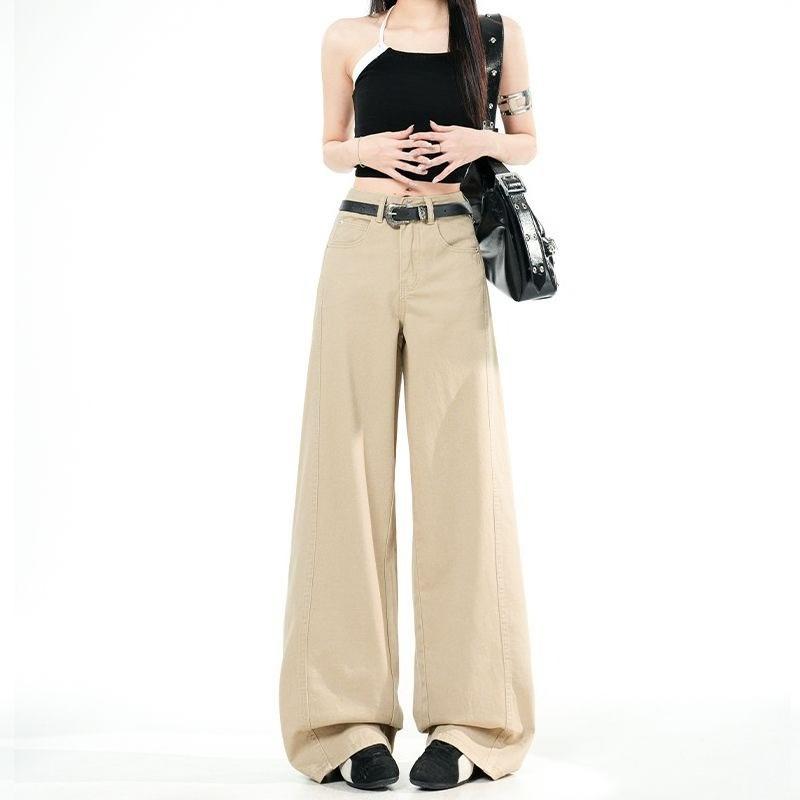 Spring Summer Stylish Cargo Design Milk Tea Tone Relaxed Wide Leg Fashion Denim Pants For Ladies Casual Pants Oversize Denim Trousers