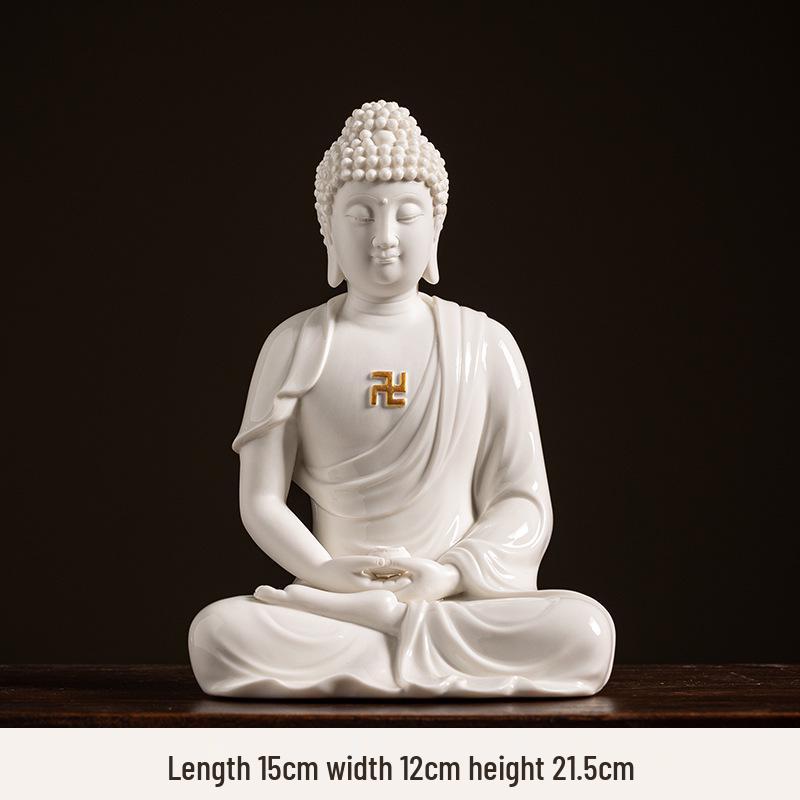 Keramik Shakyamuni Buddha Statue - Wohnzimmer Kunstwerk mit den Drei Heiligen und Lichtkreis Design