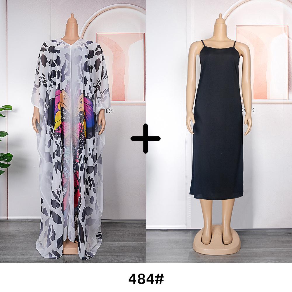 African Women's Plus Size Chiffon Print Beach Dress and Robe Set