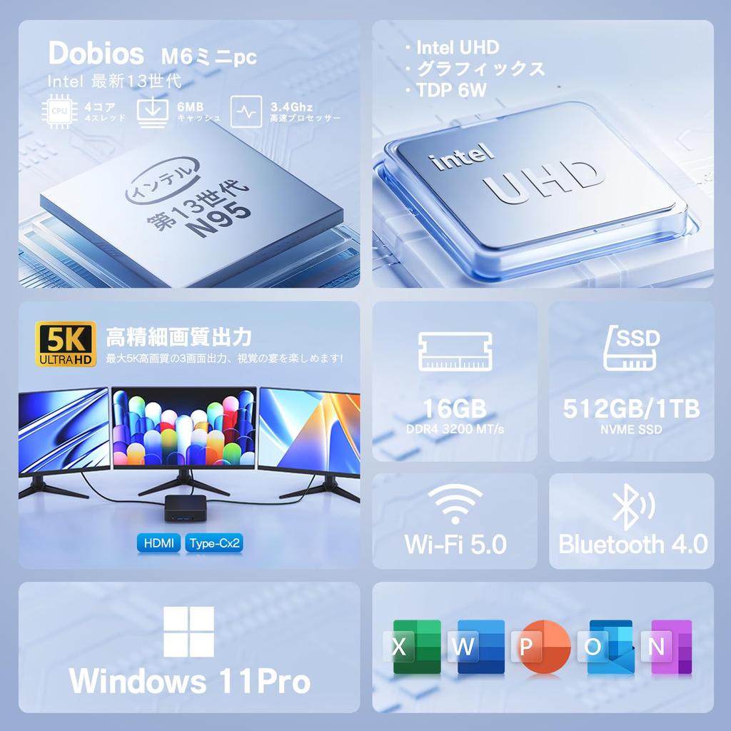 Intel N95 Mini 2025 Neu Windows 11 Pro mit Office 16GB DDR4 RAM 512GB NVMe Triple-Display 2 HDMI-Anschlüsse 2 und ein RJ45 Wired LAN PC, Modell, 2024, +