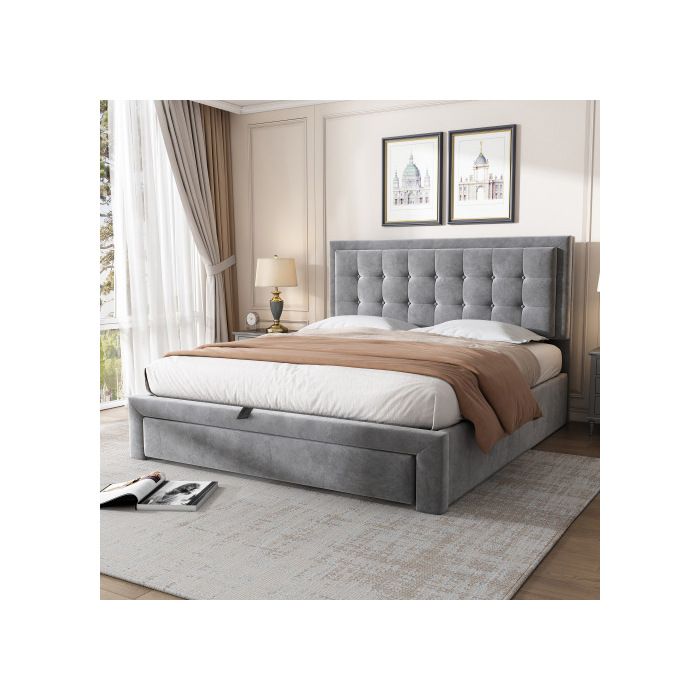 Lit capitonné - MUVOE - 140x190 cm - Tête de lit réglable - 2 tiroirs de rangement - Velours gris