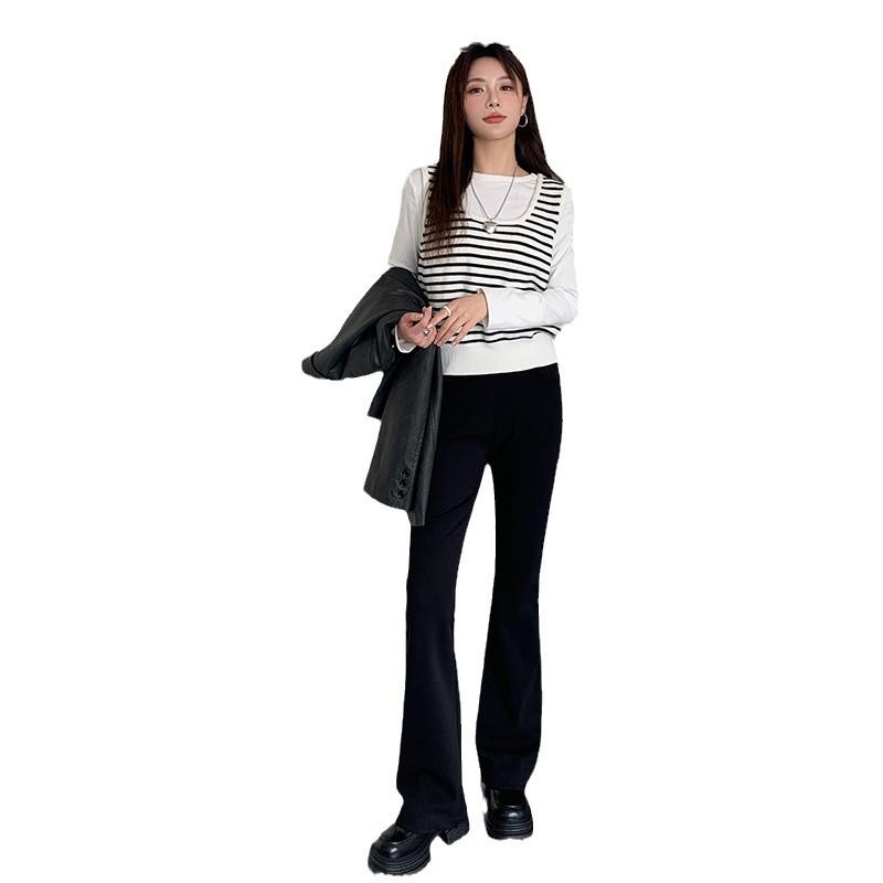 Women's High Waist Black Flared Velvet Trousers - Slim Fit, Casual, Autumn/Winter Wide Leg Pants