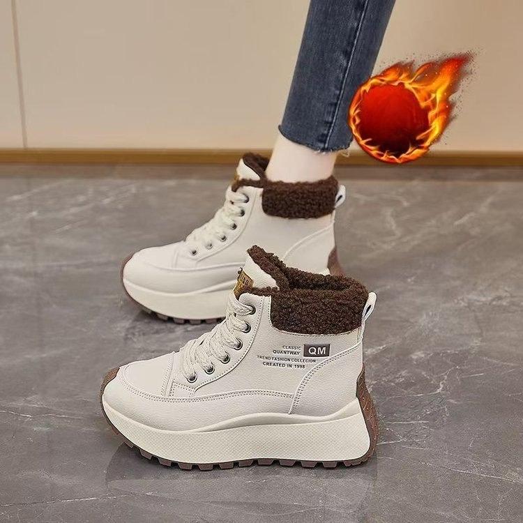 Women Leather Thick Sole Ankle Snow Boots Winter Plush Thickened Warm Outdoor Waterproof Non Slip High Top Lace Up Cotton Boots