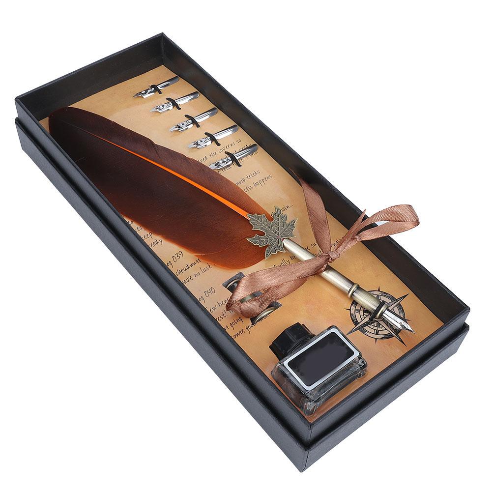 Vintage Feather Fountain Writing Pen Calligraphy Ink Quill Dip Pen with Gift Box(Orange)