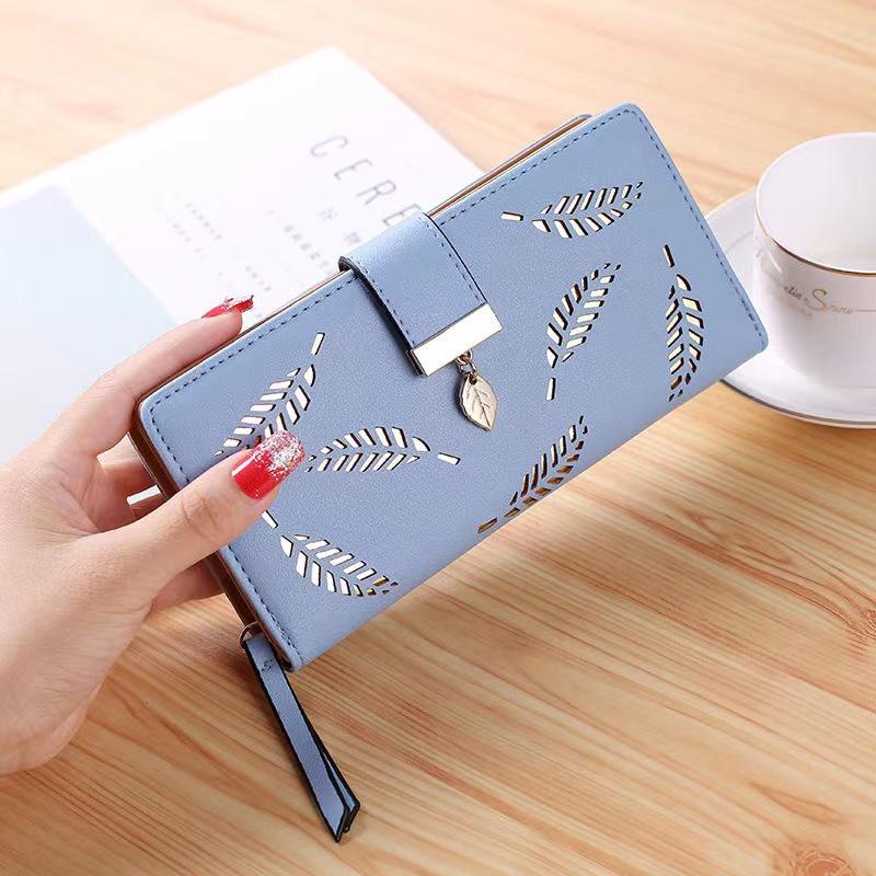 2023 New Ladies Wallet Hollow Leaf Pattern Pu Leather Zipper Closure Long Card Holder