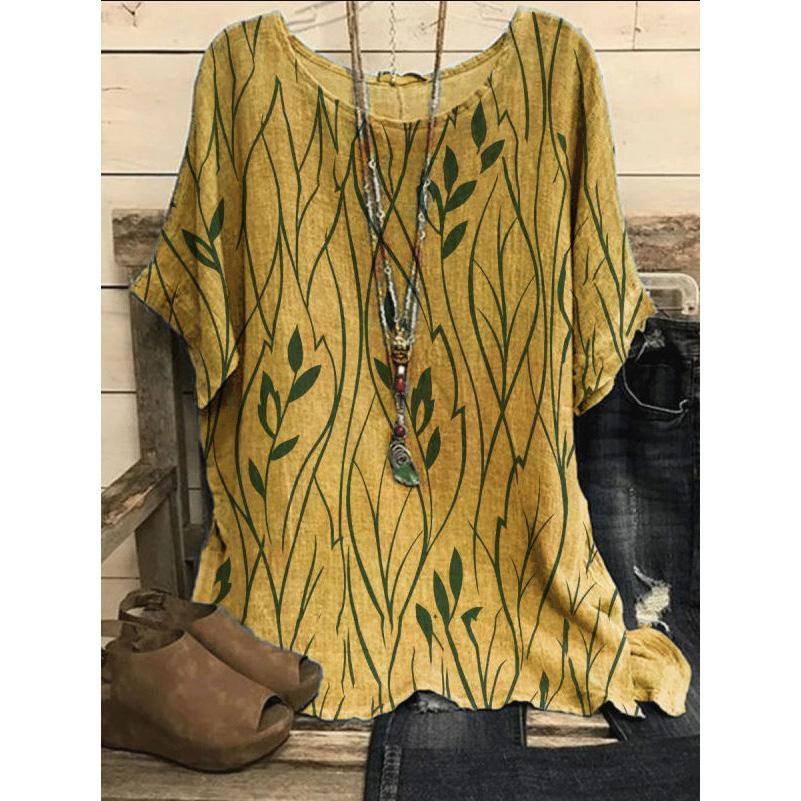 Women Plus Size 5XL Casual Loose Top Shirts Leaves Print Blouse T-shirt Ladies Fashion Vintage Blouse Half Sleeves T-shirt