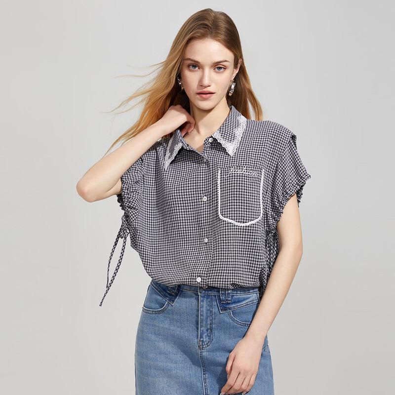 

Women s Fashion Plaid Short Sleeve Blouse with Lace Trim M