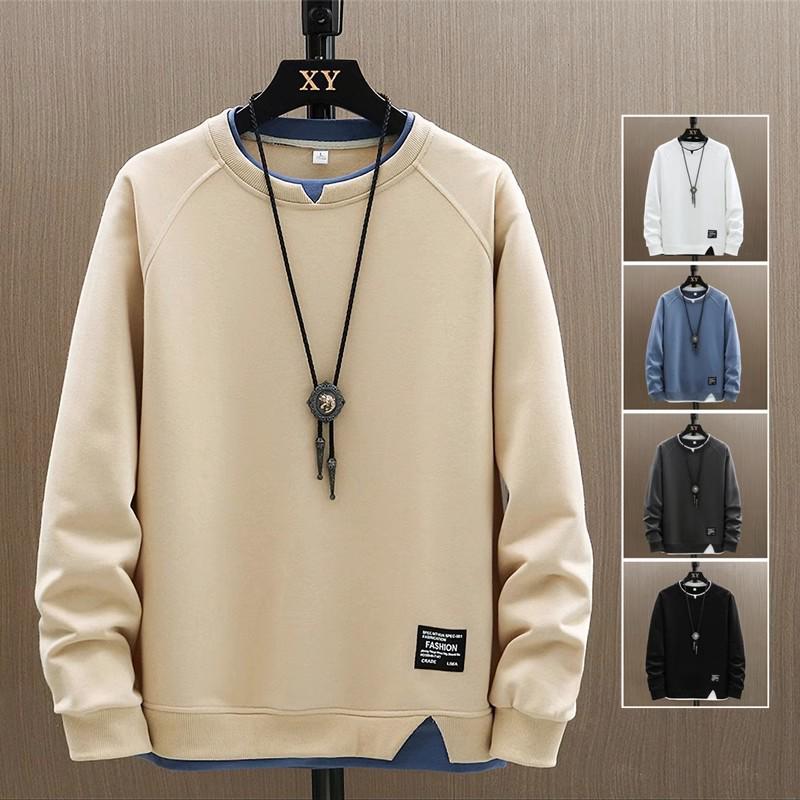 Trendy Men's Solid Color Round Neck Sweatshirt: Stylish, Comfortable, Loose Fit, and Fake Two-Piece Design for Autumn/Winter.