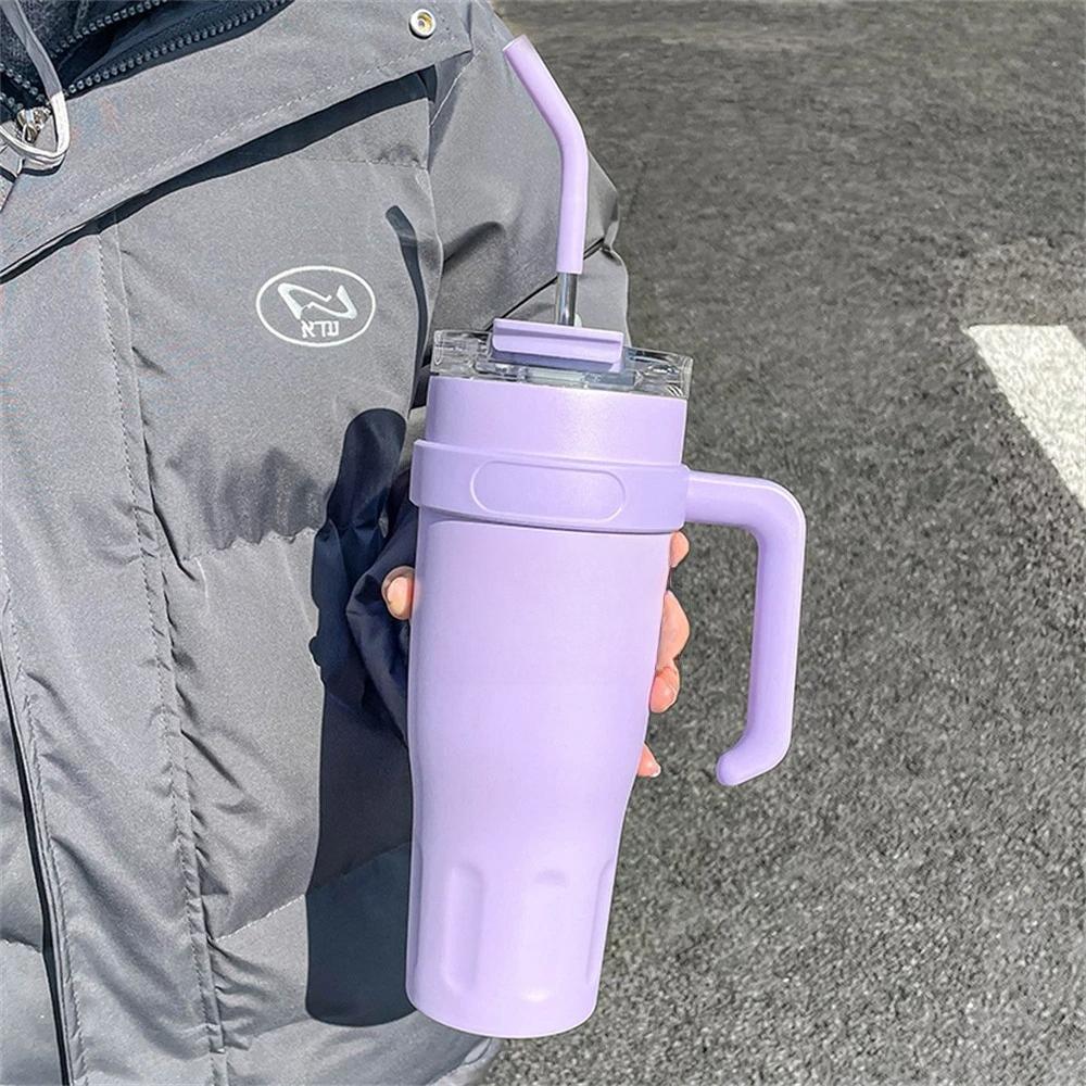 

1pc Stainless Steel Ice Tumbler 38.55oz Insulated Cup with Handle & Straw Keeps Cold for 24 Hrs Car Insulation Cup Coffee Water 1140ml фіолетовий