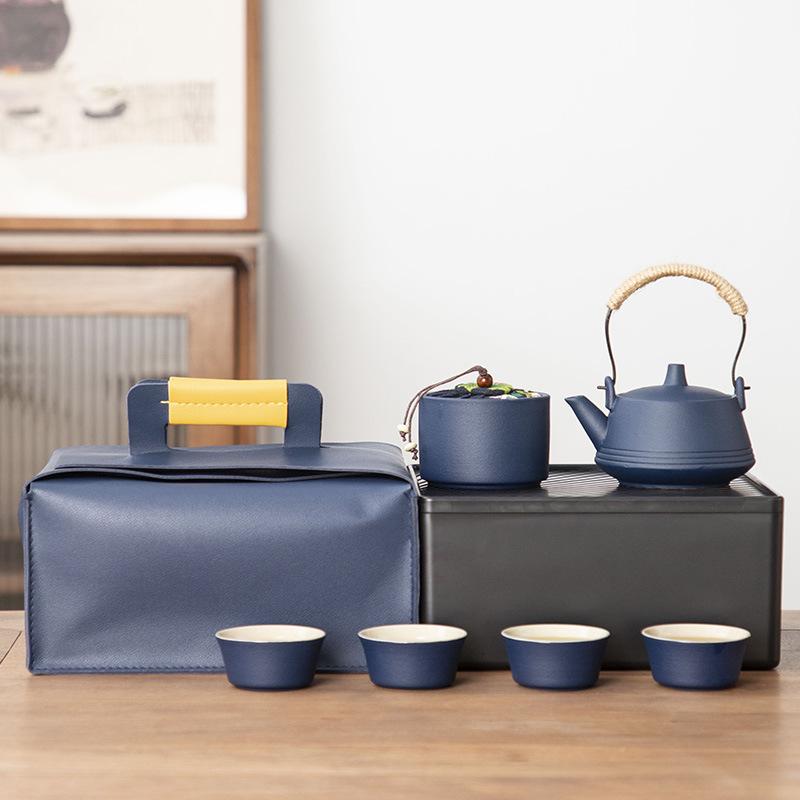 Japanese-style black pottery outdoor portable travel tea set, beam pot, dry tea tray, business company gift