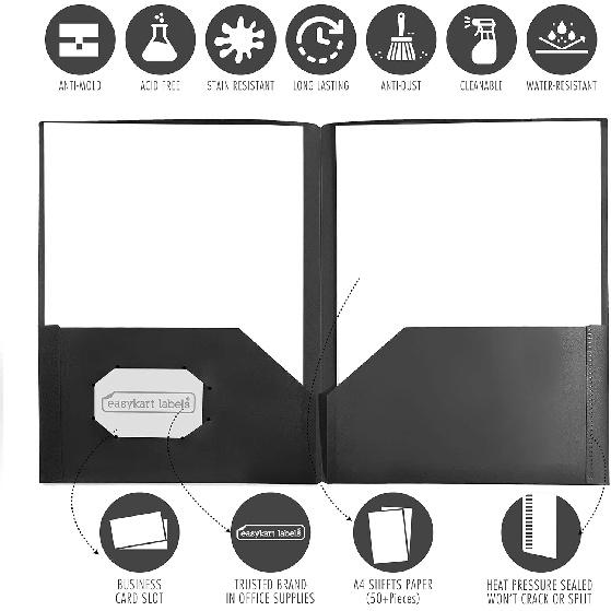 Easykart Plastic Folders with Pockets - (Black, 6 Pack), 2 Pocket Poly Folders for School, Home or Office, Durable Heavy Duty File Folders