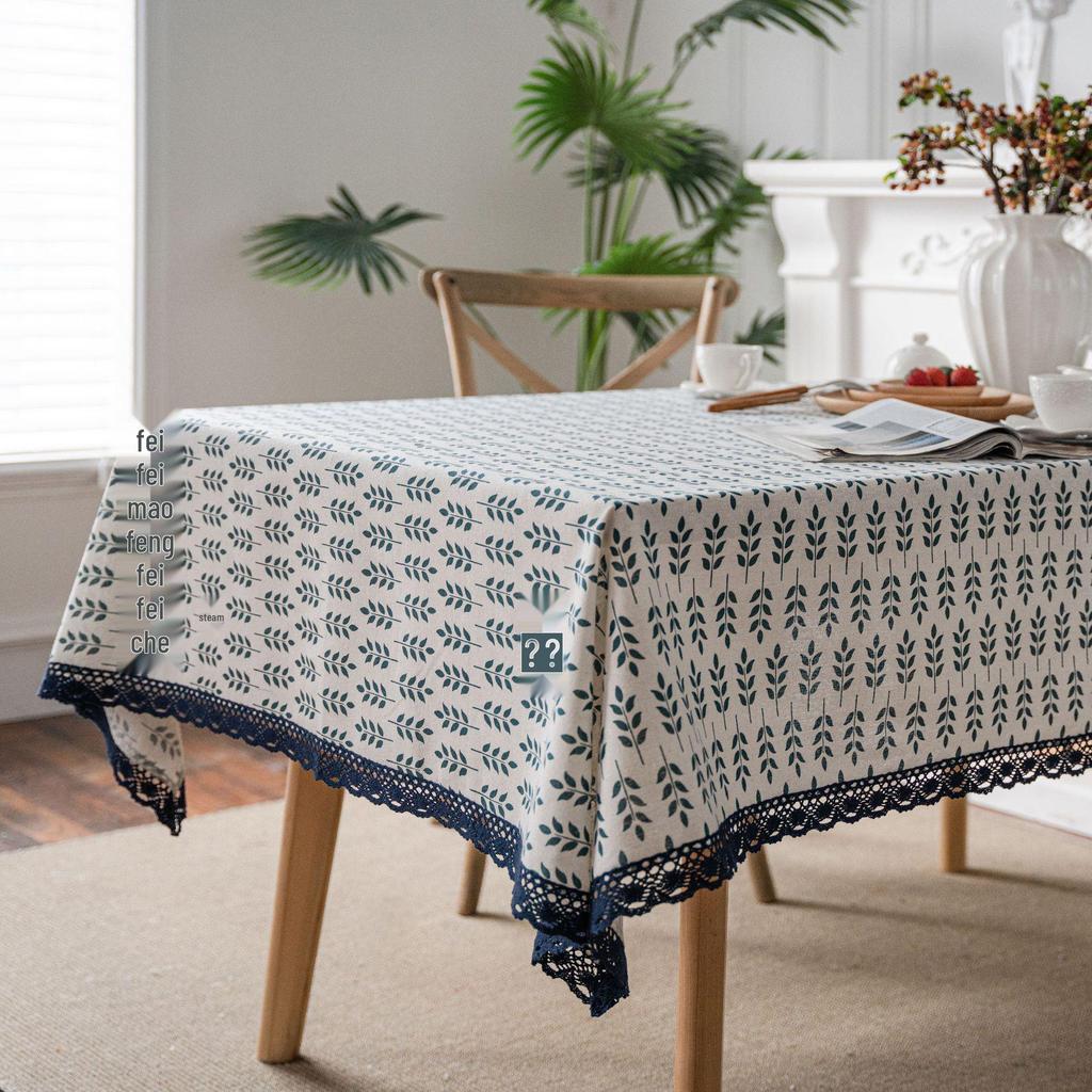 Imanqi Yiyun Blue Rose Pastoral Cotton Linen Tablecloth with Lace Edge