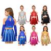 Children‘s Jazz Dance Costume Set Sparkly Sequins Crop Top Keyhole Back Sleeveless Plus Metallic Flared Skirt and Sequined Tassel Gloves Competition