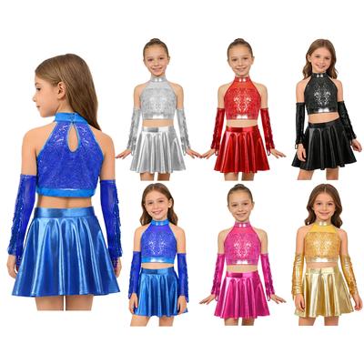 Children‘s Jazz Dance Costume Set Sparkly Sequins Crop Top Keyhole Back Sleeveless Plus Metallic Flared Skirt and Sequined Tassel Gloves Competition