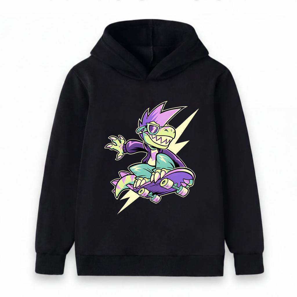 Kids Boys Girls Pullover Hoodie, Cool Cartoon Skateboarding Dinosaur Print Casual Lightweight Hooded Sweatshirt for Youth Daily Wear Street
