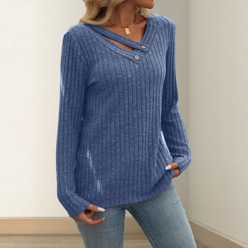 Women's Fashionable Solid Color V Neck Button Long Sleeved Loose Pullover T-shirt Top