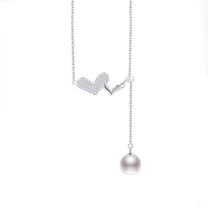 S925 Sterling Silver Love Pearl Necklace Female Niche Design Sense Sweet Girl Heart Pendant up & down streaming Su Collarbone Chain