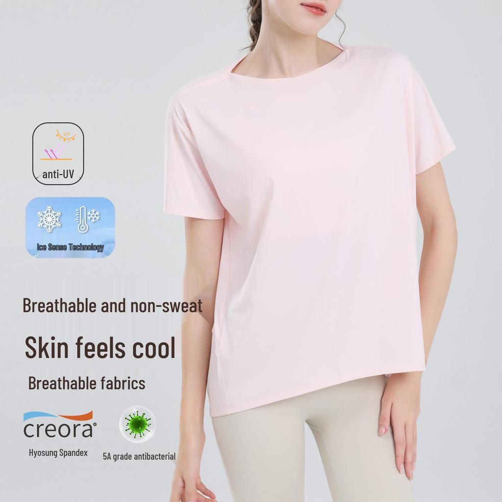 Women's Nude Sports Vest: Loose, Hip-Covering, Slimming Yoga Tops & Summer Training Tees with Short Sleeves.