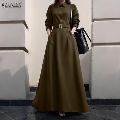 Damen Umlegekragen Langarm Lässig Herbst Winter Langes Kleid