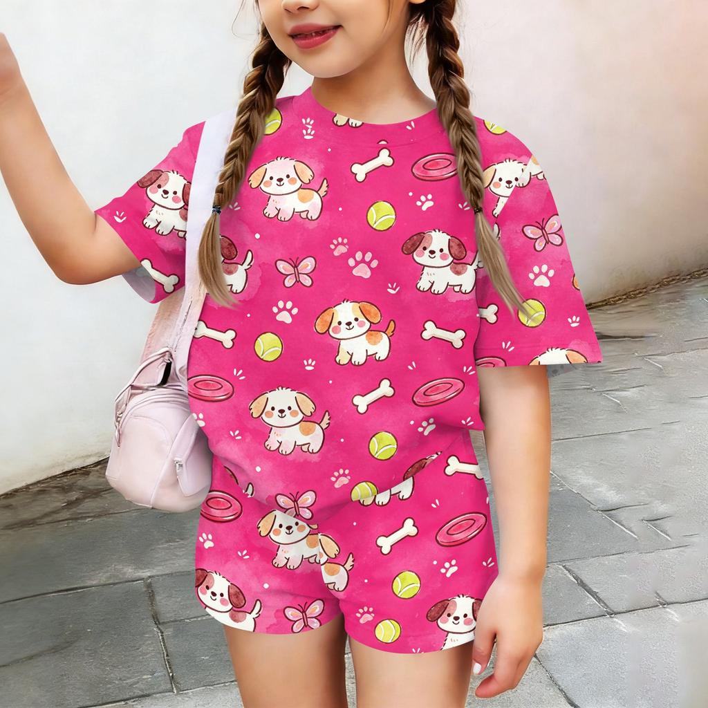 Kids Casual Two Piece Set Short Sleeve Top and Shorts Animal Pattern Lightweight Comfortable Summer Outfit for Boys and Girls